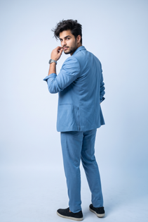 Sky Blue Suit Over-Shoulder Studio Portrait