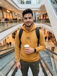 Young Man Mustard Hoodie Mall Escalator Portrait