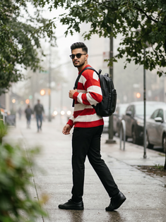 Cinematic Red and White Striped Sweater Street Portrait