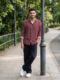 Maroon Striped Shirt and Baggy Trousers Street Portrait