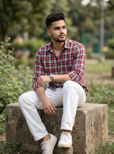 Red Checkered Shirt and White Pants Outdoor Portrait