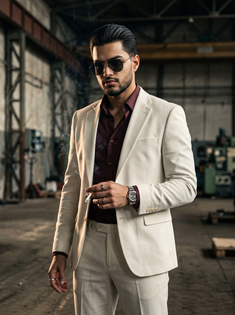 Off-White Suit and Burgundy Shirt Cinematic Portrait