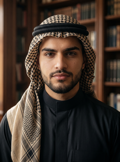 Black Thobe and Beige Keffiyeh Luxury Library Portrait