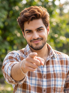 Copper Brown Hair Plaid Shirt Pointing Portrait