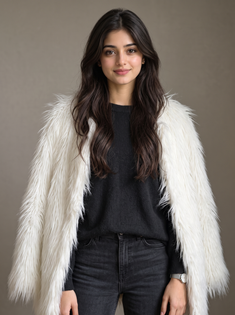 White Faux Fur Coat and Black Sweater Fashion Portrait