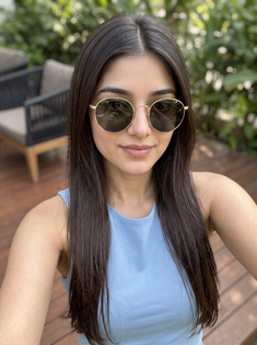 Light Blue Top and Gold Round Sunglasses Outdoor Selfie
