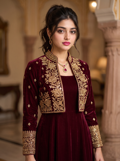 Deep Maroon Velvet Gown with Gold Zardozi Embroidery