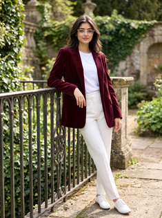 Maroon Velvet Blazer with White Formal Outfit in a European Garden