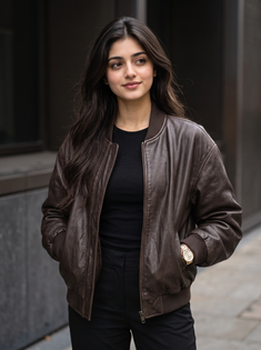 Oversized Brown Leather Bomber Jacket with Black Outfit Portrait