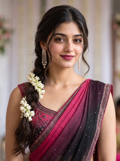 Deep Pink and Black Ombre Stone-Work Saree with Tuberose Braid