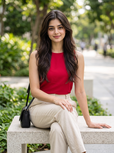 Red Sleeveless Top and Beige Trousers Outdoor Bench Portrait