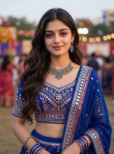 Royal Blue Gujarati Chaniya Choli with Silver Mirror Work