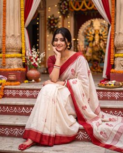 Bengali Woman in Red and White Saree with Alta at Durga Puja